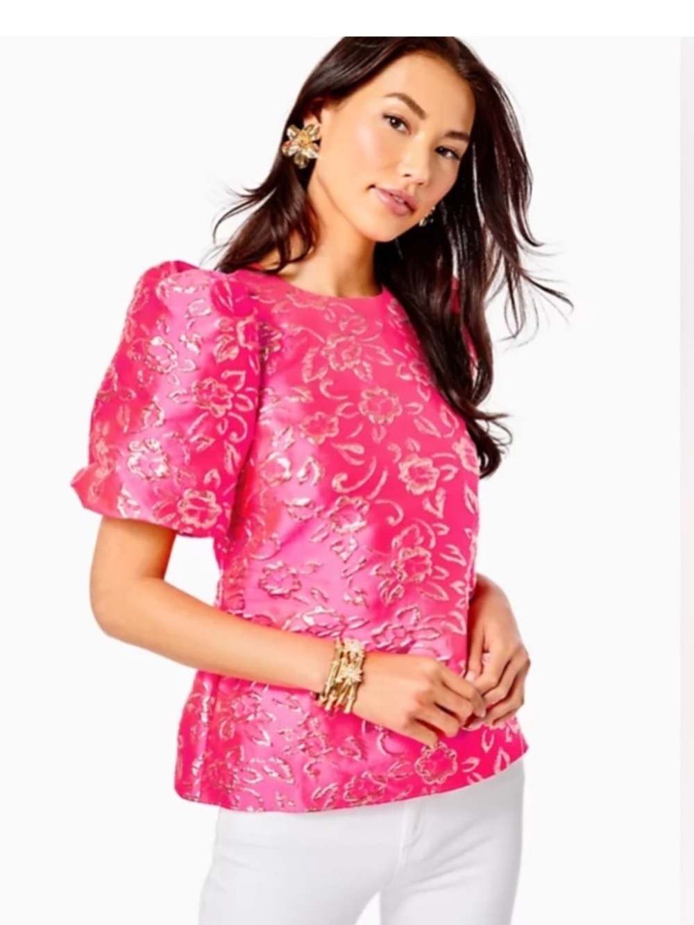 NWT - Lilly Pulitzer Hot Pink Gold Puff Floral Puff-Sleeve Pratt Top